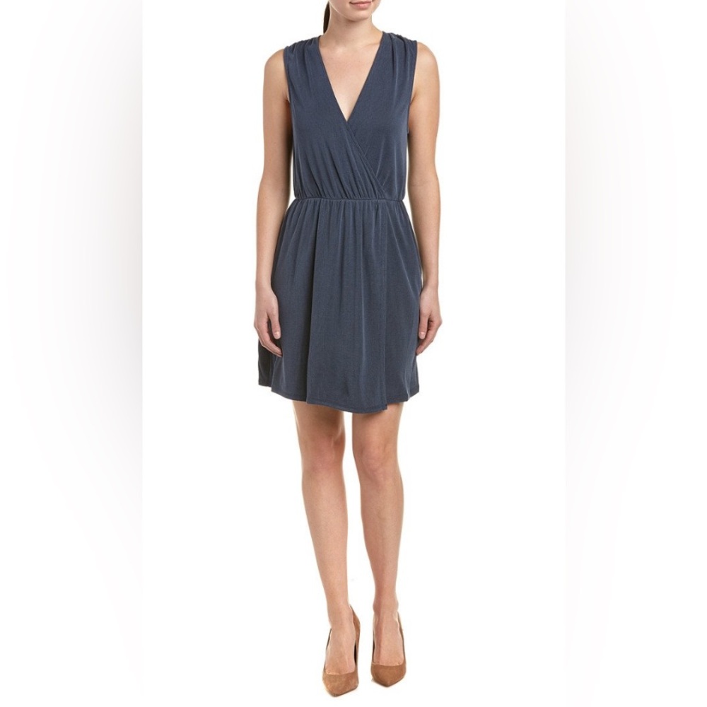 BCBGeneratiom Women’s Shirred Surplice Wrap Dress Blue Med Ribbed